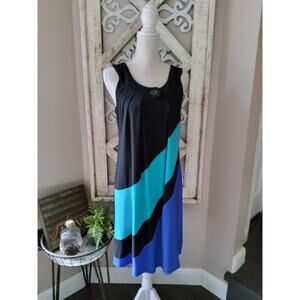 Blu Sage Color Block Sleeveless Tie Back Midi Dress Size Small Black Turquoise